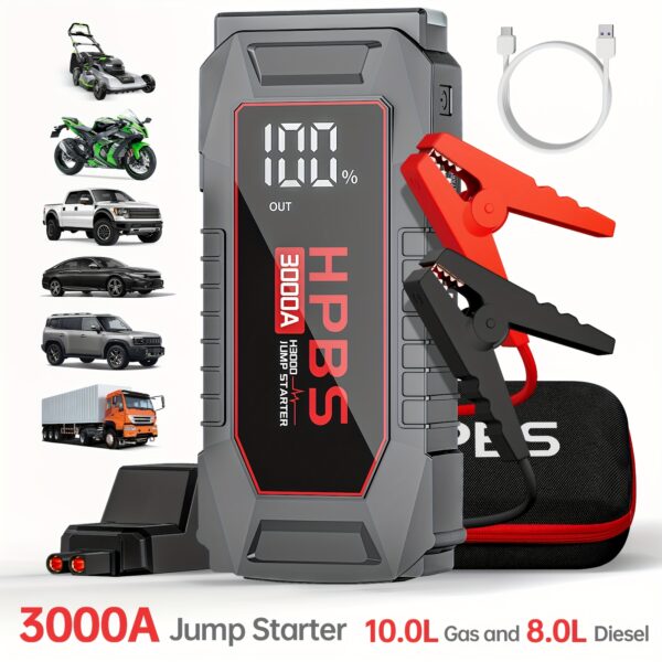 Jump Starter Battery Pack With Power Bank, 12V Battery Booster Charger For 10L Gas And 8.0L Diesel Engines-Motorcycle, Car, SUV, PICK-UP, Truck, Quick Start Dead Battery, Multi-functional Flashlight For Outdoor Adventures