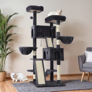 HOOMIC 65in Multi-Level Large Cat Tree Tower - For Indoor Cats - Furniture Activity Center With Wide Base, Cozy Plush Cat Perches, Cat Condo With Baskets, Sisal Scratching Posts And Hammock - Dark Grey/Grey/Beige - For Cat Owners - Provides Exercise, Entertainment & Scratching Satisfaction