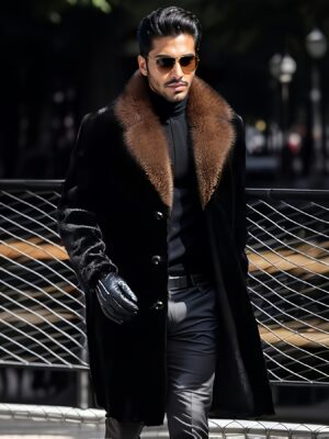 Men'S Winter Plush Warm Coat, Fashion Casual Business Party Brown Coffee Color, Black High-Quality Faux Fur, Long Soft Comfortable Long Coat for Autumn and Winter