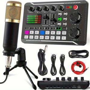 Podcast Equipment Bundle,Condenser Microphone with Tripod Stand and Professional Audio Mixer for Studio Recording Vocals,Voice Overs,Streaming Broadcast and YouTube Videos, Podcasting Gear, Streaming Setup, Professional Sound, Compact Bundle, Sturdy Stand, Durable Microphone, Recording Gear, Audio Setup, Podcasters, Content Creators