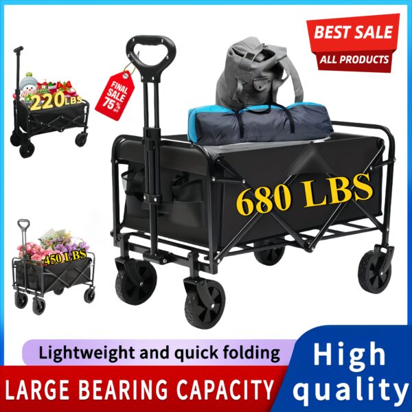 220LBS/ 450LBS/ 680LBS All Terrain Heavy Duty Folding Cart, Large Capacity Camper Suitable for Yard Shopping/ Sports/ Outdoor/ Gardening Equipment Handling, Black Multifunctional Utility Cart
