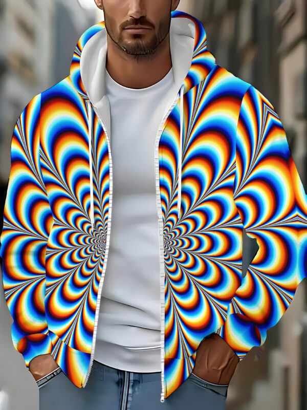 Men's Psychedelic Print Full-Zip Hooded Jacket - Long Sleeve Casual Outdoor Coat with Drawstring Hood & Pockets, Machine Washable for Spring/Fall, Comfortable Fit, Casual Attire, Trendy Design, Lightweight Material, Zipup Hoodie, Street Style
