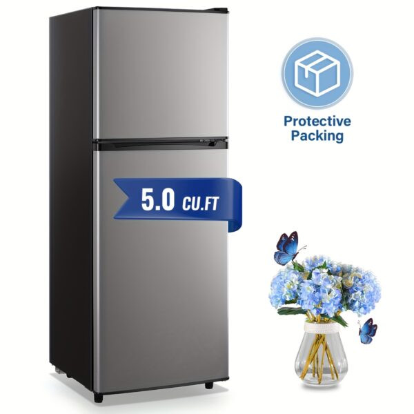 3.5/2.5 Cu.ft Small Fridge with Freezer 2-Door Compact Refrigerator 7-Level Adjustable Thermostat, Removable Shelves And Bakset, Perfect for Dorm, Office, RV, Bedroom, Silvery
