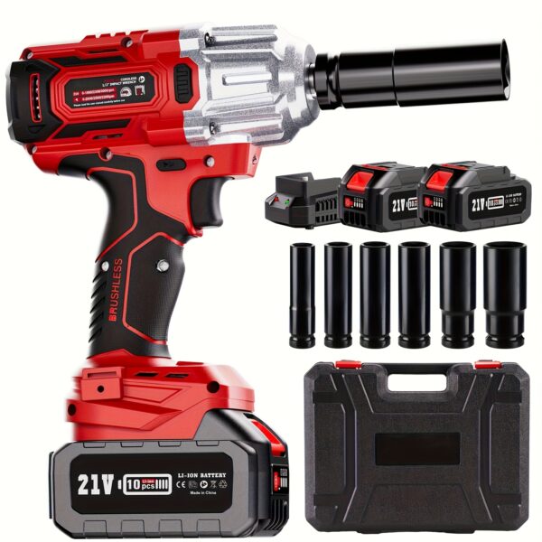 800N.m Cordless Impact Wrench 1/ 2 Inch, 590Ft-lbs Max Torque, 3000RPM Brushless Power Impact Wrench with 2pcs 4.0Ah Battery & Fast Charger, 6pcs Sockets, Impact Wrench for Tire Replacement Home
