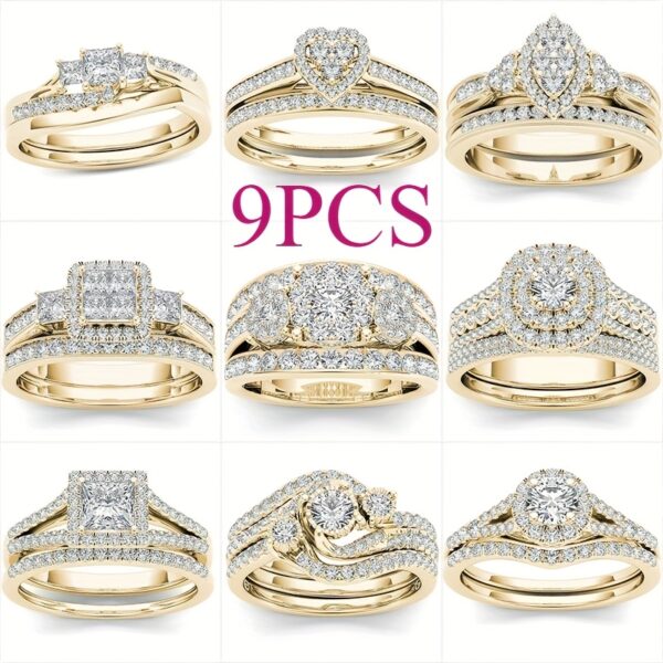 145fc984-2857-41df-be5e-33128221f98a.jpg 9pcs Classic Women'S Multi Style Wedding Ring Set, Set With Synthetic Zirconia Rings, Perfect Daily Women'S Wear Jewelry Accessories