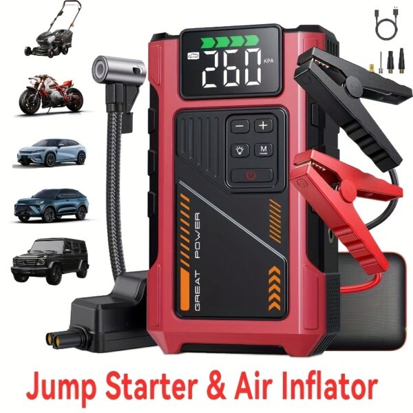 14c9534c-d41b-47d6-8c74-b9bb518b20e0.jpg Portable Car Jump Starter with Air Compressor, Jump Starter Battery Pack, 4000A Peak(8.0L Gas, 6.5L Diesel) with 150 PSI Tire Inflator, 12V Car Battery Jump Power Pack, Car Jumper Starter Portable, 5in 1 Function Jump, Battery Charger, Smart Cables