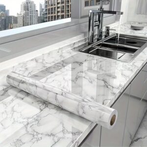 [Marble Tile Sticker] Smooth Self-Adhesive Marble Tile Sticker | One Roll for Living Room, Kitchen, Bathroom, Wall Decoration and Decorative Wallpaper