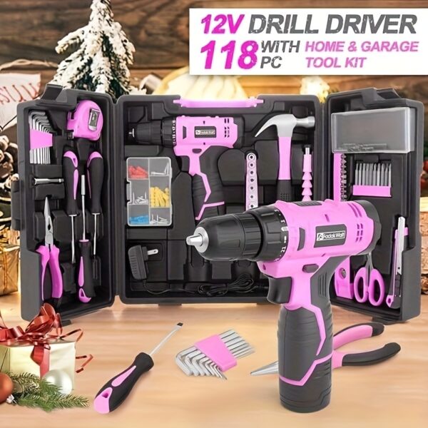 12V Cordless Drill Set/118pcs Pink Drill Set - Electric Drill Driver, Home Tool Kit with DIY Cordless Electric Screwdriver, LED Light And 180 Inch-Pounds Of Torque for Repairing Your Home Devices