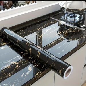 Self-Adhesive Marble Tile Wallpaper - Peel & Stick High Quality Removable Kitchen Bathroom Wall Decal with Seamless Pattern Matching, Easy Install for Shower Walls, Black & Golden Veining Design, Bathroom Wallpaper High Quality, Easy Home Makeover, Luxurious Appearance, Washable Surface