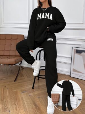 Women's Casual MAMA Print Sweatshirt & Joggers Set - Long Sleeve, Pockets, Polyester Blend, Machine Washable - Perfect for Fall/Winter