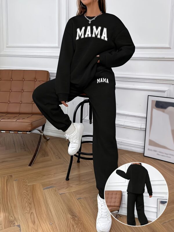 Women's Casual MAMA Print Sweatshirt & Joggers Set - Long Sleeve, Pockets, Polyester Blend, Machine Washable - Perfect for Fall/Winter