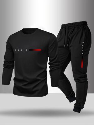 Men's Long Sleeve T-Shirt and Pants Set, Spring/Autumn 2pcs Paris Letter Print Crew Neck Long Sleeve Tee + Drawstring Outdoor Casual Sport Pants Set