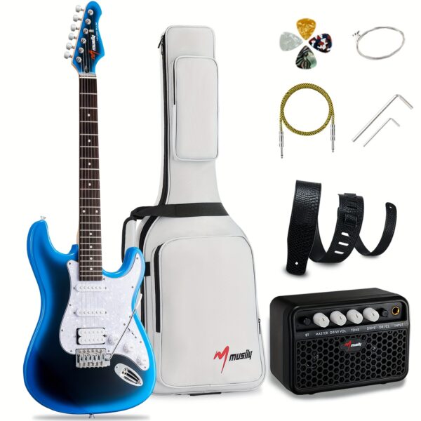 39 Inch Electric Guitar Kit, Full Size Solid Body Electric Guitars for Beginner, ST Style Guitar, with HSS Pickups, Gig Bag, Amplifier, Strap, Cable, Picks, String (MetalBlueBurst)