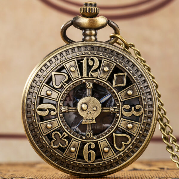 Vintage Steampunk Bronze Poker Quartz Pocket Watch with Necklace Chain - Adjustable, Non- Analog Timepiece for Men & Women