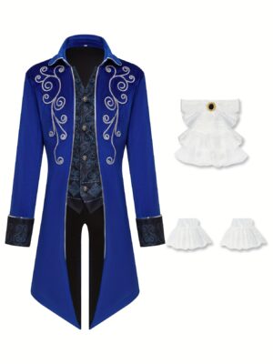 4pcs, Medieval Men'S Top, Retro Style Silvery Trimmed Tailcoat, paired with a Ralph Collar, Suitable for Holiday Party Role-Playing Outfits
