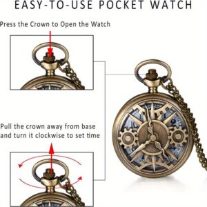 Steampunk Pocket Watch - Vintage Mechanical Self-Winding Movement, Acrylic Case with Roman Numerals & Gear Design, Brown Leather Strap, Compact Portable Timepiece for Men, Steampunk Accessories, Retro Timepiece, Intricate Gear Design, Durable Timepiece