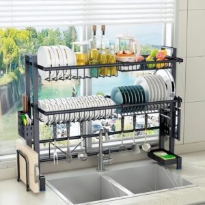 16fb29ec-8ae2-43b3-916c-822662fd0981.jpg Expandable Stainless Steel Sink And Bowl Rack, 2-layer Adjustable Stainless Steel Large Sink And Bowl Rack With Cutlery Rack And Kitchen Countertop Chopstick Rack, Equipped With Cutlery Rack, Black
