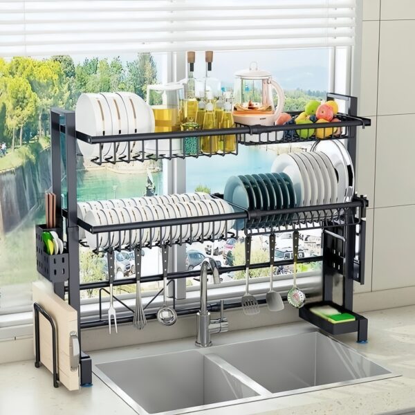 16fb29ec-8ae2-43b3-916c-822662fd0981.jpg Expandable Stainless Steel Sink And Bowl Rack, 2-layer Adjustable Stainless Steel Large Sink And Bowl Rack With Cutlery Rack And Kitchen Countertop Chopstick Rack, Equipped With Cutlery Rack, Black