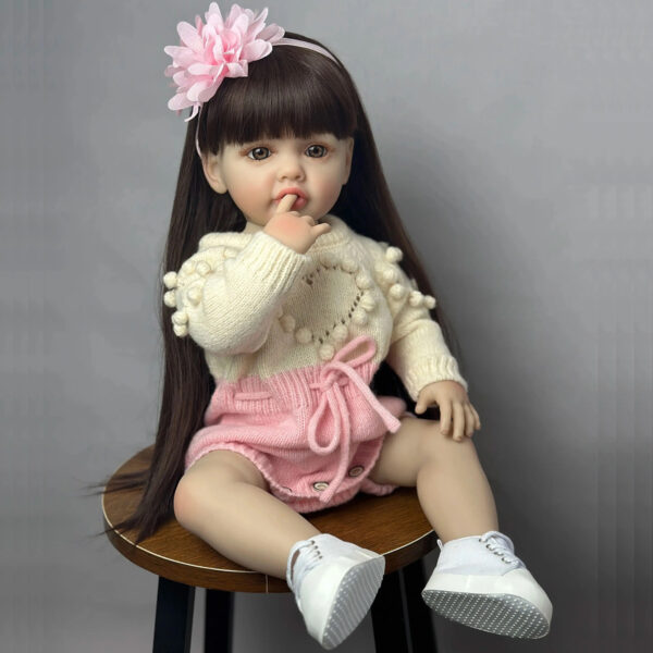 22-Inch Lifelike Reborn Youngsters Girl Doll - Soft Full-Body Vinyl Princess with Brown Hair, Pink Knit Outfit & Accessories, Perfect for Bathing, Birthday & Christmas Gifts