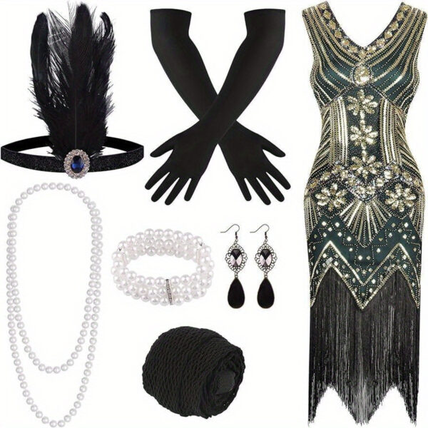 1920s V Neck Sequin Beaded Fringed Dress with 20s Accessories Set