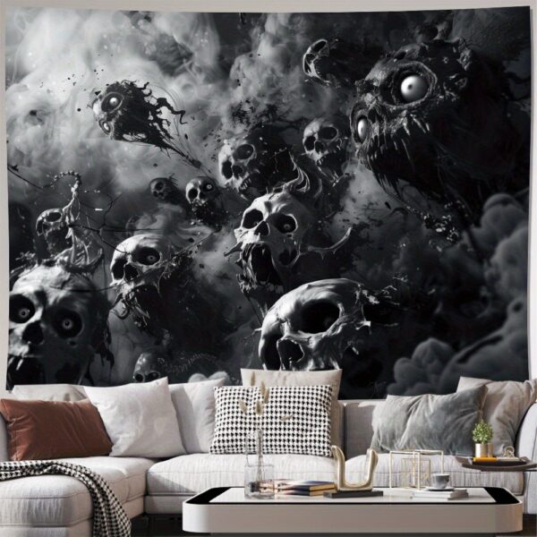 1pc Large Gothic Horror Wallpaper-like Tapestry - Black & White Skull & Bone Design with Glowing Eyes - Heavy-Duty Fabric Panel for Living Room, Bedroom, Office, Party Decor - Easy Peel-and-Stick Installation Kit Included - Spooky Horror Theme Wall Hanging for Macabre Aesthetic & Dark Decorations (No Residue Removal) - Ideal for Horror Fans & Themed Events, Gothic Home Decor, Halloween Backdrop, Gothic Tapestry