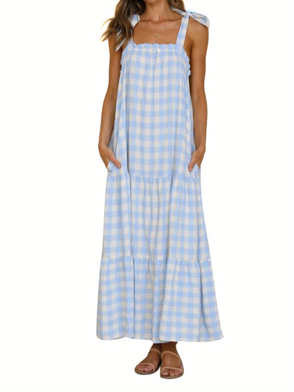 1719649288444-72a9d2f929314633917fc42509e5d796-goods.jpeg Elegant Blue and White Plaid Sleeveless Maxi Dress for Women – Tie-Up Backless Design, Ruffled Hem, Loose Fit, Casual Yet Chic, Perfect for Spring/Summer