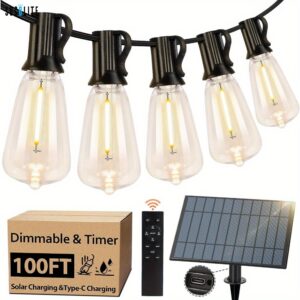 60ft/100ft/200ft Solar Outdoor String Lights, Waterproof Solar Powered String Lights, Dimmable Warm White ST38 LED Patio Lights for Outside, Backyard, Garden, Porch, Wedding, Party Decor