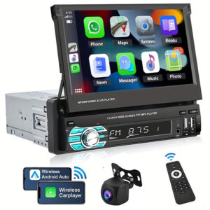 Podofo Wireless Carplayer Single Din Car Stereo 7 Inch HD Flip Out Touchscreen Car Radio With Wireless Car Player Android Auto, Wireless, Type-C/ USB/ TF/ AUX, SWC, FM, Voice Control, Backup Camera