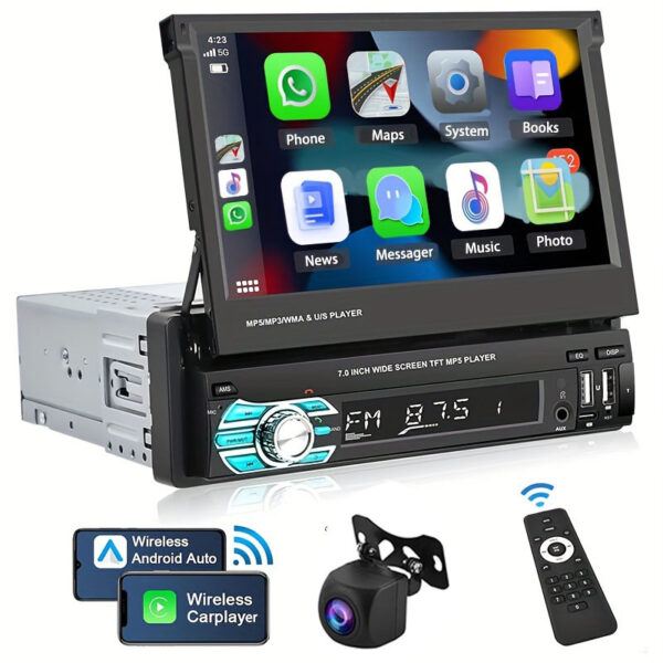 Podofo Wireless Carplayer Single Din Car Stereo 7 Inch HD Flip Out Touchscreen Car Radio With Wireless Car Player Android Auto, Wireless, Type-C/ USB/ TF/ AUX, SWC, FM, Voice Control, Backup Camera