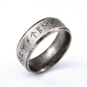 Viking Rune Ring, 8mm Wide Alloy Band with Intricate Runic Inscriptions, Men's Vintage Jewelry Gift for Boyfriend or Viking Enthusiast