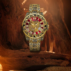 1pc Men'S Red Steel Belt Retro Style Design Novel Fashion Luminous Carved Mechanical Watch