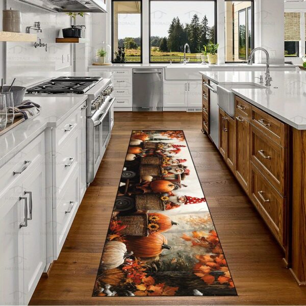 HKStorage Thanksgiving Autumn Leaves Gnomes and Pumpkins Long Rug Runner - Machine Made 1000g/m² Crystal Velvet with Non-Slip Silicone Backing, 1.8m+, Rubber Bottomed, Polyester, Washable Rug for Hallway/Kitchen/Living Room/Garage/Patio/Hotel Corridor, Exhibition & Home Decor