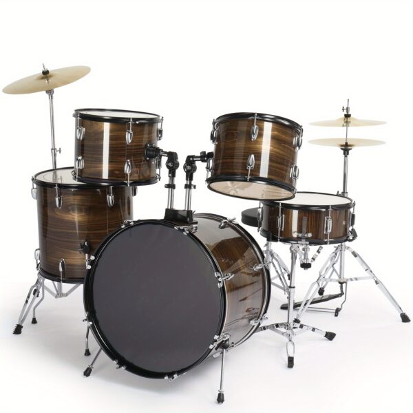 Full Size Adult Drum Set 5pcs Black with Bass Drum, Two Tom Drum, Snare Drum, Floor Tom, 16" Ride Cymbal, 14" Hi-hat Cymbals, Stool, Drum Pedal, Sticks Wood Grain Color