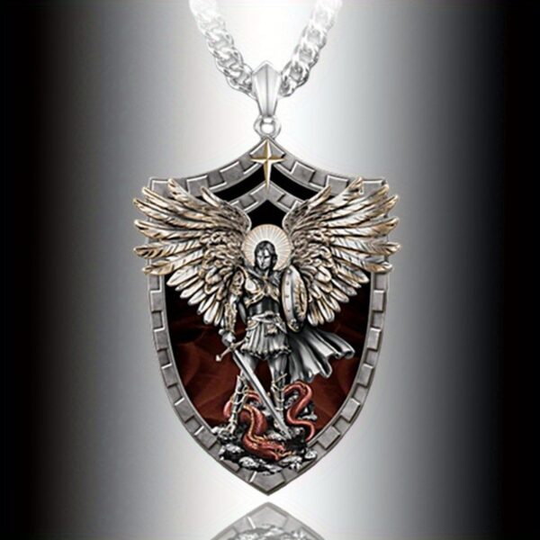[Saint Michael Necklace] 1pc Saint Michael Archangel Pendant Necklace - Unisex Religious Jewelry Gift for Men & Women, Intricate Knight Shield & Serpent Design, Symbol of Protection & Courage