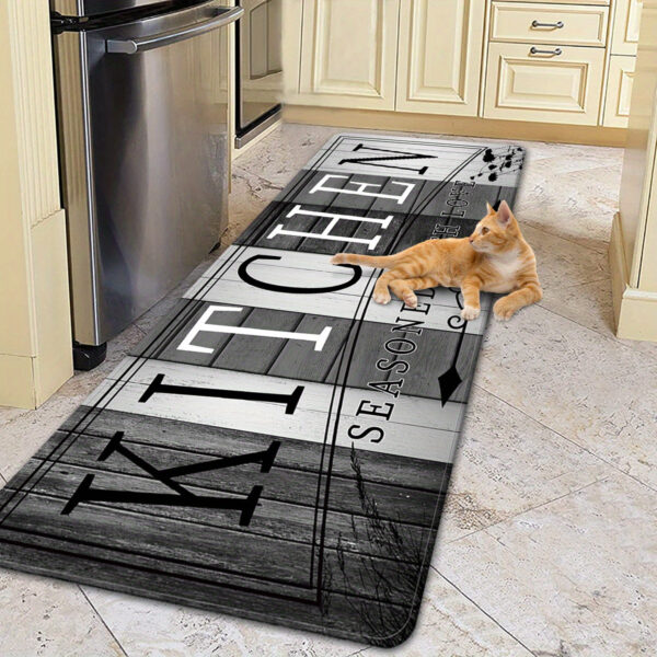 1726206123807-b73ff7c08ed048888bdce15daa6a76e0-goods.jpeg Premium Absorbent Non-Slip Kitchen Mat - Durable Polyester Floor Mat with Bold "KITCHEN" Text & Music Notes Design, Machine Washable Polypropylene Backing for Entrance, Living Room, Bedroom, Laundry Room Decor, Entrance Area Mat