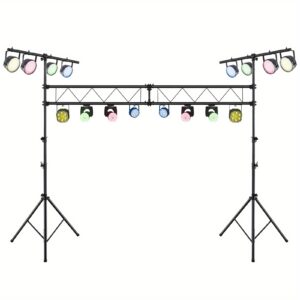1728555163677-f8b16a70e18643d3890a137ffaa55b8a-goods.jpeg GOPLUS 15 FT Lighting Truss System, Heavy Duty Metal Lighting Stand with Adjustable Height, Retractable T Bar, Non-slip Pads, Triangle Foot, Locking Pins, Extension for Portable Audio Stage