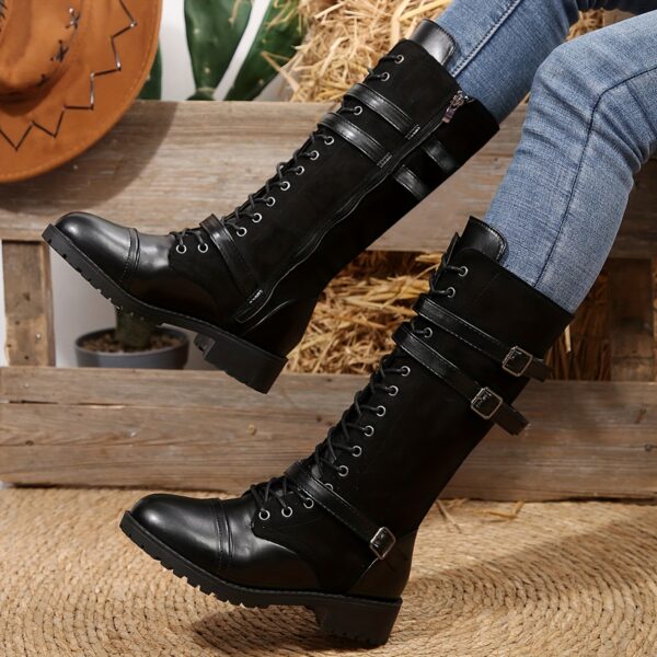 Women's Low Heel Lace-Up Ankle Boots - Black Synthetic Leather & Fabric Round Toe Boots with Adjustable Straps & Buckles, All-Season Comfort for Casual Outdoor & Casual Attire, Buckle Ankle Boots