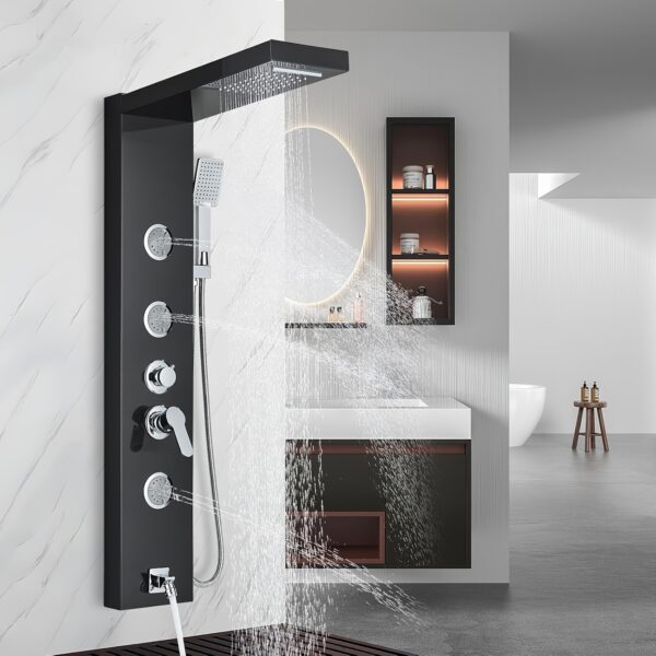 175c0640-24e5-4dfc-98bd-b484e921a005.jpg Modern Wall-Mounted Shower Panel System with Body Jets, Handheld Sprayer & Rainfall Showerhead - Brass Tub Spout, Matte Black Finish, No Electricity Needed