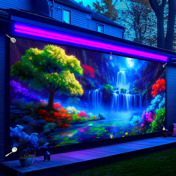 1pc UV Glow-in-the-Dark Waterfall Night Scene Garage Door Banner - Large Fluorescent Polyester Fabric Wall Decoration for Outdoor Parties, Photography Studios & Festive Events, No Power Needed, Party Decoration, Natureinspired Design, Durable Polyester, Glow In Dark, Weatherresistant Material, Event Planners