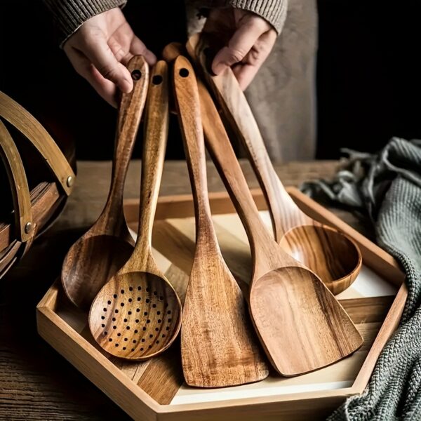 5pcs Premium Wooden Kitchen Utensils Kit -Ergonomic Handles Natural Wooden Spoons Spurtle Ladle and Wok Spatulas for Non-Stick Pans Heat Resistant Easy to Clean and Durable Kitchen Essentials Cookware Accessories, Utensil Sets for Kitchen, Kitchen Utensil Holder, Food Preparation, Home Cooking, Rustic Kitchenware, Handcrafted Design, Smooth Finish, Home Chefs, Buyers