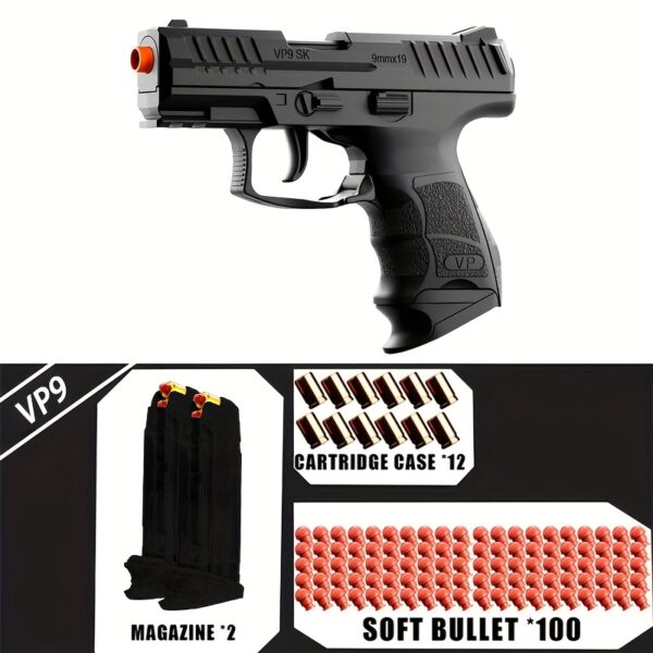 VP9 continuous fire foam spray toy gun - upgraded soft bullet pistol, equipped with 12 cartridges, 100 soft bullets and 12 bullet boxes, PVC material suitable for outdoor shooting games, texture grip