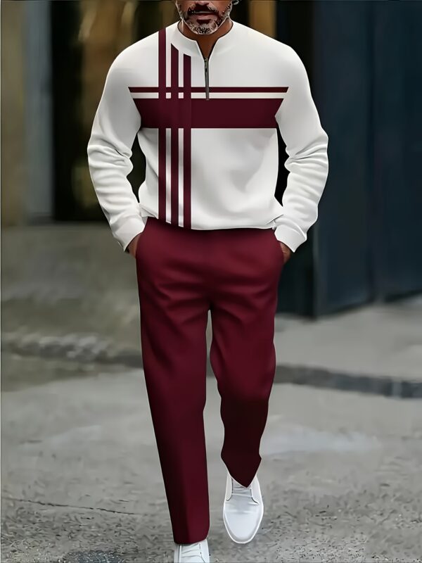 193086f4-2c4b-42df-9807-22b426f3e5f3.jpg 2025 New Classic Wine Red Striped Pattern Men'S Casual Sports Suit, Fashionable And Simple Men'S Half-zip Long-sleeved T-shirt + Sports Casual Comfortable Trousers, Suitable For Daily Use, Sports, And Walking