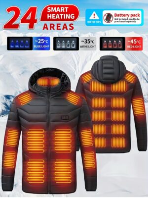 19a2413e798d287057025672e1c857961750324330644.jpg Smart Heated Jacket for Men & Women - USB-Powered Electric Heating with 24 Heating Zones, Adjustable Temperature (-5°C to +25°C), Hooded Full-Zip Winter Jacket for Outdoor Sports, Fishing, Camping & Hiking (Machine Washable Polyester, Power Source Not Included)