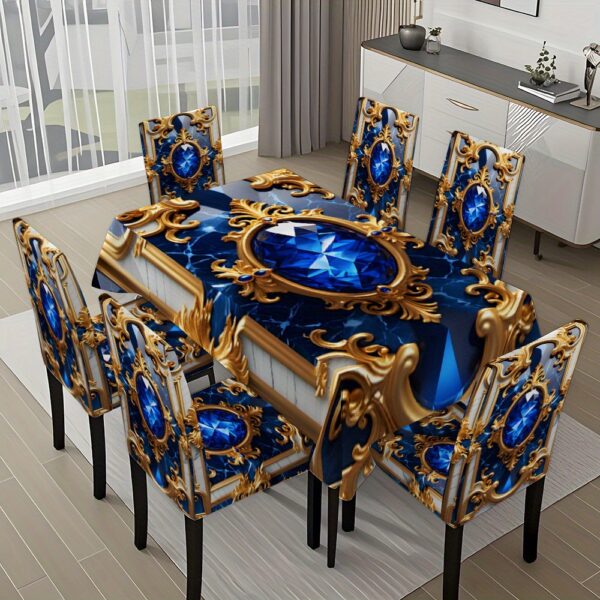 1a75ddff9aed4194ba0a79751df8ff16-goods.jpeg 5pcs/ 7pcs blue gemstone pattern tablecloth and chair cover set, 5pcs (1 tablecloth 4 chair covers), 7pcs (1 tablecloth 6 chair covers), non-slip tablecloth chair covers, suitable for family gatherings, festive table and chair decorations