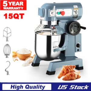 15QT Commercial Food Mixer, Heavy Duty Dough Mixer with 3 Speeds Adjustable, Food Grade 304 Stainless Steel Bowl Stand, Dough Hooks, Whisk Beater, for Bakery Pizzeria Restaurant Home, 600W,110V [Fast Arrival]