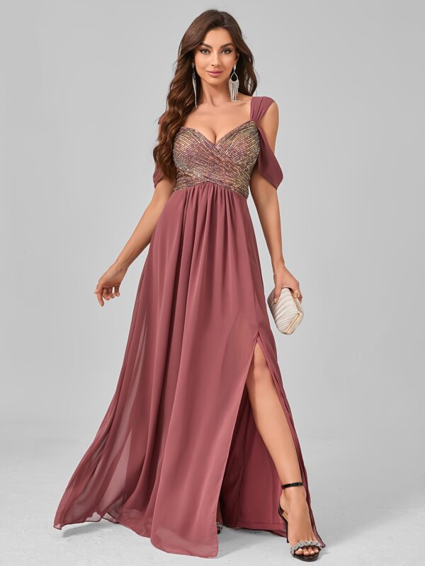 [Sequined Evening Dress] Elegant Sequined Chiffon Evening Party Dress | Chic Slit Design