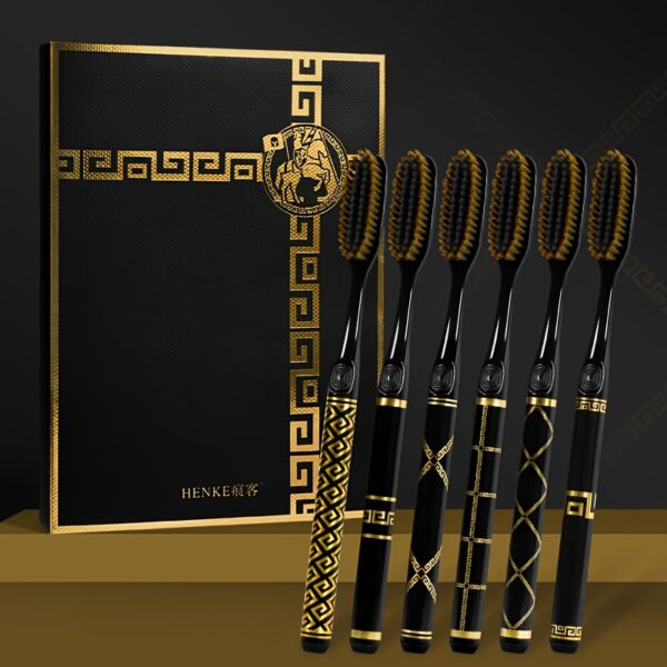 HENKE 6-Pack New Black Golden Series High-End Gift Box with Extended And Widened Brush Head for Efficient Cleaning. Suitable for Household Use, Adults, Couples, Travel, Soft Bristled Manual Toothbrush