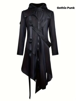 [Gothic Punk Coat] Black Gothic Punk Men's Mid-Length Coat | Asymmetrical Design with Adjustable Straps & Metallic Buckles, Solid Color Regular Fit Halloween Costume or Western Style Outfit, Hand Wash Only, Goth Accessories, Themed Event Attire, Nonelastic Fabric
