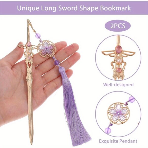 2pcs Elegant Metal Sword Bookmarks with Tassels - Sword Shaped Design, Purple & Green, Ideal Gifts for Book Lovers & Craft Enthusiasts