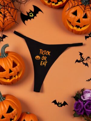 1b49b382-e389-464d-84eb-38ac3f028783.jpg Women's Halloween Panties with 'TRICK EAT' Print and Orange Pumpkin Pattern, Breathable Comfort T-Shirt